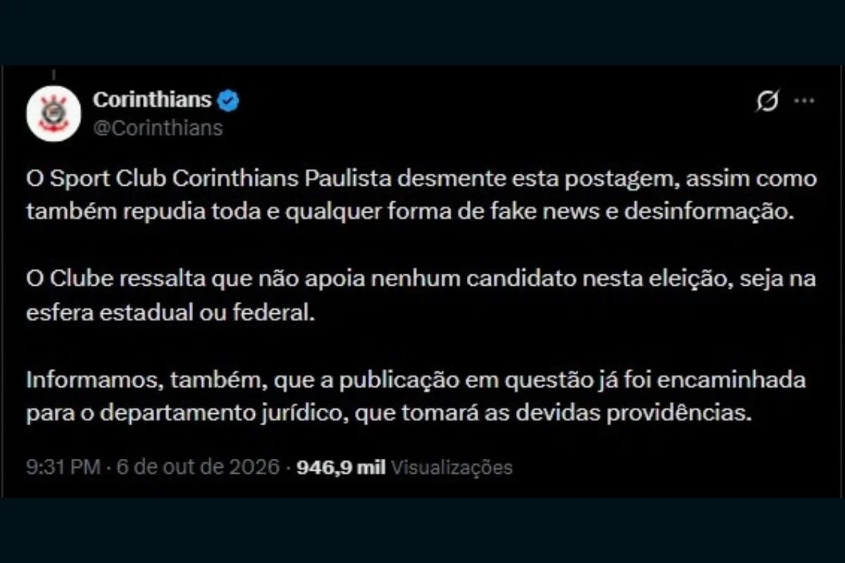 Nota do Corinthians em resposta a fake news de que o clube apoiaria Flávio Bolsonaro Nota do Corinthians em resposta a fake news de que o clube apoiaria Flávio Bolsonaro