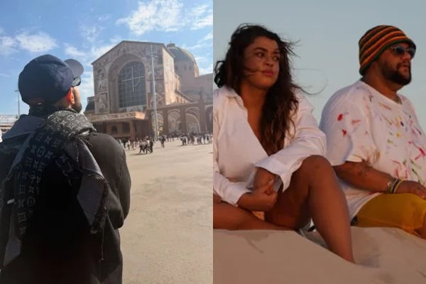 Imagens coloridas mostram montagem com foto do apresentador Gominho em frente à Basílica de Aparecida (à esquerda) e outra em que Preta Gil está ao lado do mesmo Gominho, em uma praia (à direita)