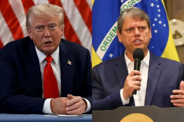 Imagem colorida de Donald Trump à esquerda e de Tarcísio de Freitas à direita