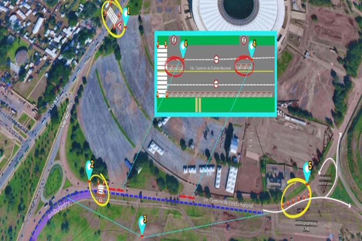 Na Via N1, na altura do Planetário, e na via de contorno do Estádio Nacional de Brasília (ENB), a sinalização vai orientar a travessia de pedestres e o estacionamento. Na Via N1, na altura do Planetário, e na via de contorno do Estádio Nacional de Brasília (ENB), a sinalização vai orientar a travessia de pedestres e o estacionamento.