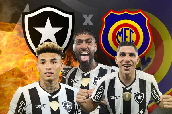 Arte colorida mostra jogadores sobre escudos de Botafogo e Madureira, em jogo do Metrópoles Sports - Metrópoles