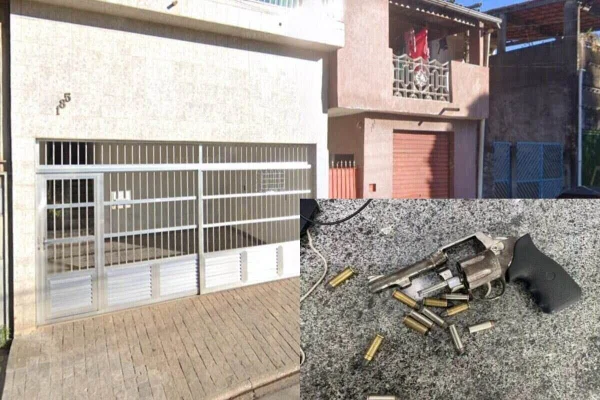 Montagem com foto de fachada de casa, com portão prateado e parece cor de gelo, e revólver com munições ao redor no destaque, na lateral direita - Metrópoles