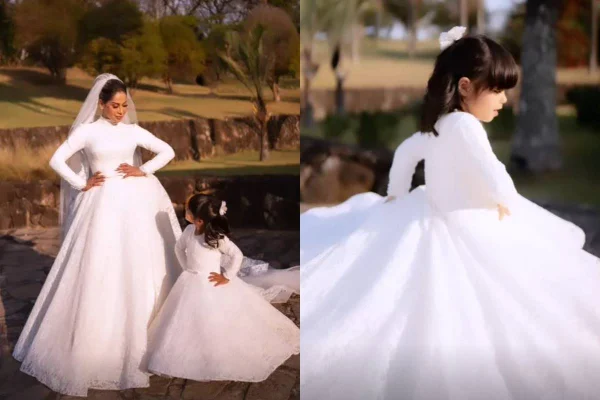 montagem com maíra cardi vestida de noiva e a filha, sophia, vestida de noivinha ao lado e foto de sophia sozinha com o vestido - metrópoles