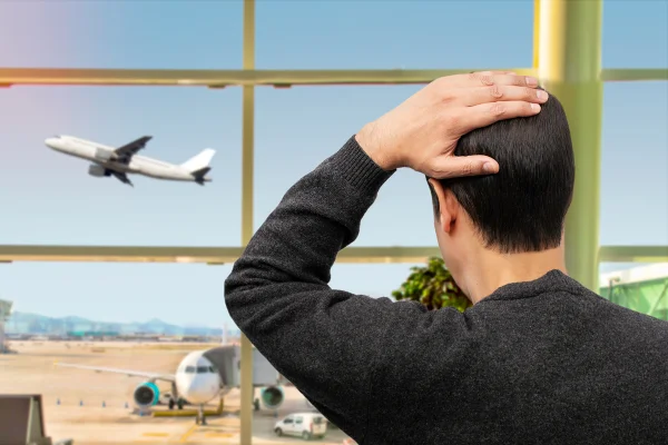 Foto colorida de homem com a mão na cabeça e olhando avião decolar - Metrópoles
