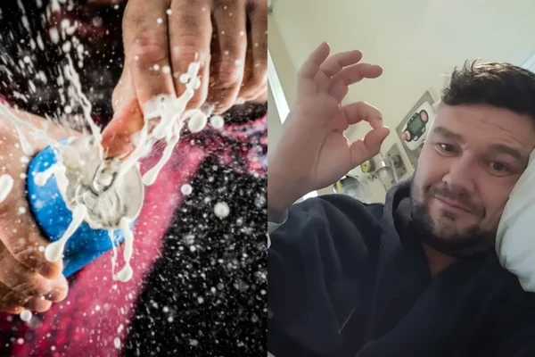 Montagem mostra foto de homem abrindo lata de energético ao lado de foto de Andy Hammond, homem que teve pedra nos rins por tomar energéticos demais, deitado em uma cama de hospital - Metrópoles