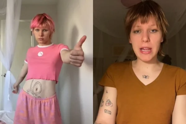 Montagem de fotos mostra jovem de cabelos curtos com roupa cor de rosa e cabelo da mesma cor em relação a ela usando os cabelos castanhos e blusa marrom. June Henry, que tomou antidepressivos e agora se diz monogâmica - Metrópoles
