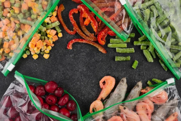 Sacos herméticos com legumes congelados