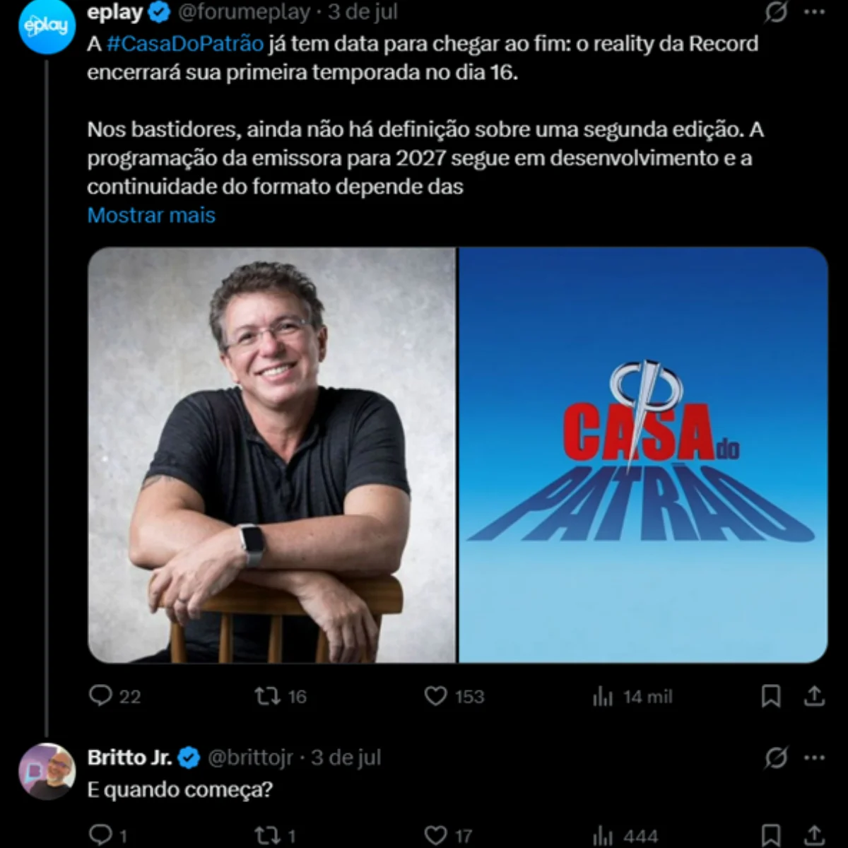 Britto Jr. debochou de reality de Boninho