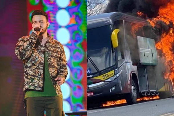 MONTAGEM COM FOTO DO CANTOR MATHEUS FERNANDES E DE UM ONIBUS PEGANDO FOTO - METRÓPOLES