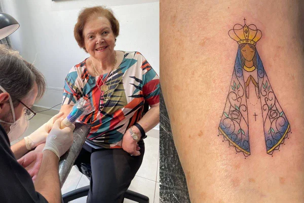 senhora de 91 anos faz primeira tatuagem para pagar promessa em goiânia, goiás