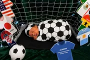 Jaxson, vestido de bola de futebol em frente a um gol Jaxson, vestido de bola de futebol em frente a um gol