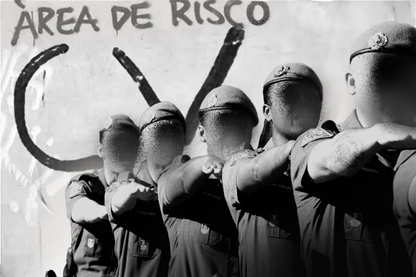 Arte gráfica com PMs em fila, com fundo com iniciais cv - Metrópoles