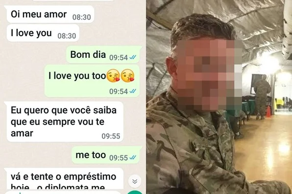 Colagem formada por print de WhatsApp, do lado esquerdo, e foto de homem fardado do lado direito