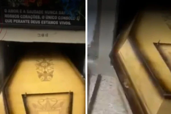Montagem com foto colorida de caixão - Metrópoles