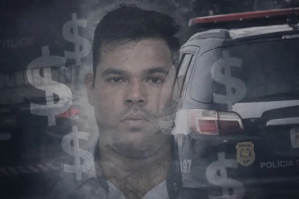 Arte gráfica de homem parrro, de cabelos curtos, com a face translúcida sobre fund em que carro da polícia segue caminhão - Metrópoles