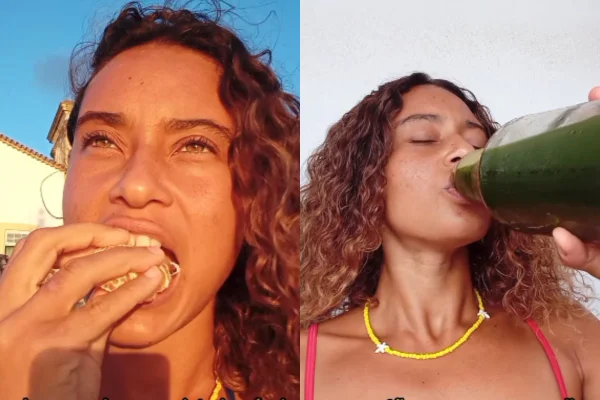Foto colorida de uma mulher comendo - Metrópoles