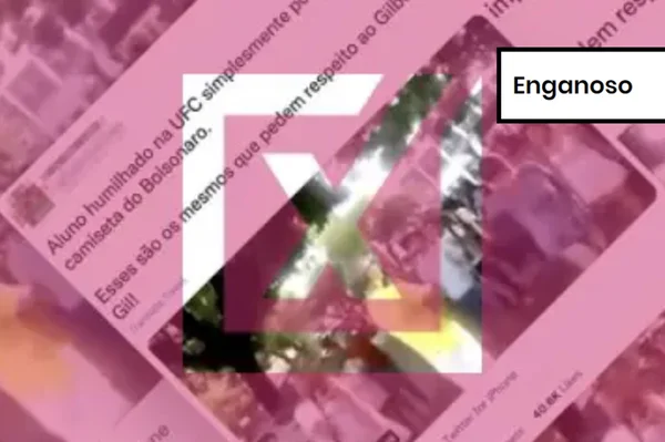 Imagem colorida de postagem enganosa sobre universitário hostilizado por usar camisa de Bolsonaro