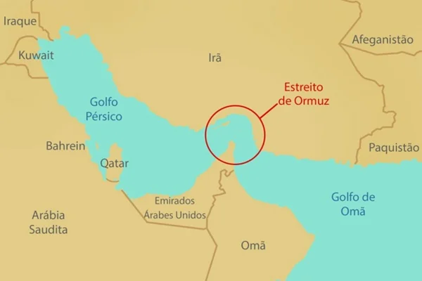 Imagem colorida de mapa que mostra o Estreito de Ormuz - Metrópoles