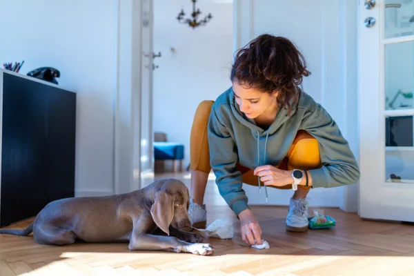Foto colorida de mulher limpando xixi de cachorro em casa
