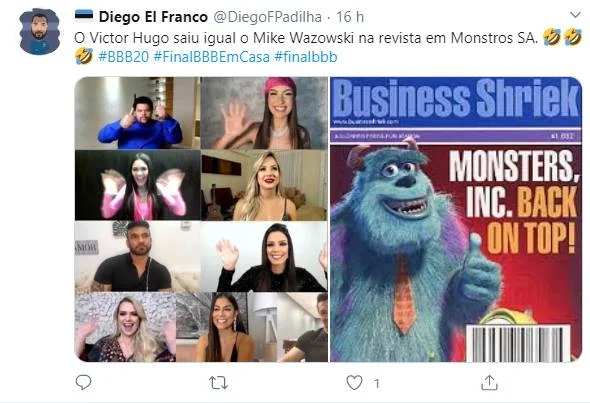 BBB20. Web compara Victor Hugo com Mike Wazowski, de Monstros S.A - imagem 6 BBB20. Web compara Victor Hugo com Mike Wazowski, de Monstros S.A - imagem 6
