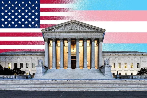 Imagem colorida de arte da suprema corte dos EUA e bandeira Trans - Metrópoles