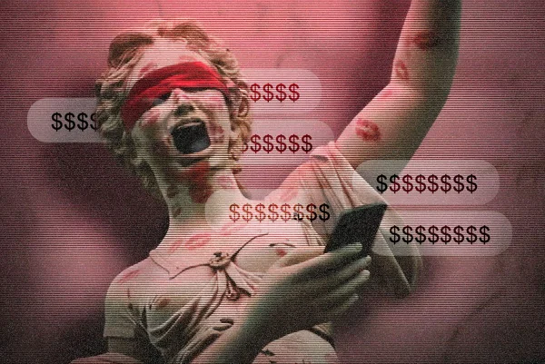 estátua da Justiça rindo e lendo mensagens