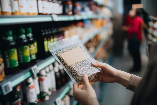 pessoa segurando um pacote de quinoa no supermercado