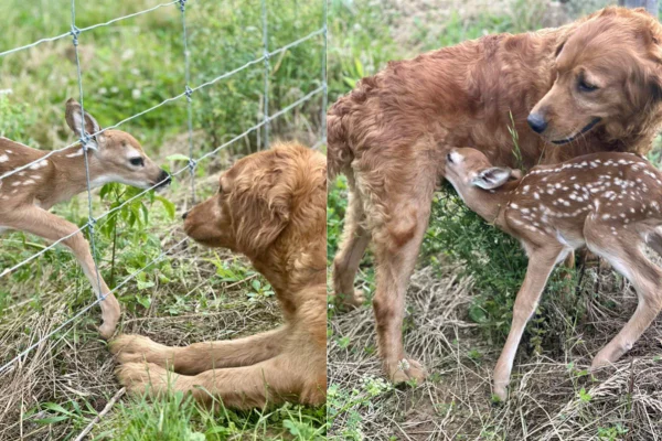 Imagem colorida de golden retriever se aproximando de cervo e amamentando