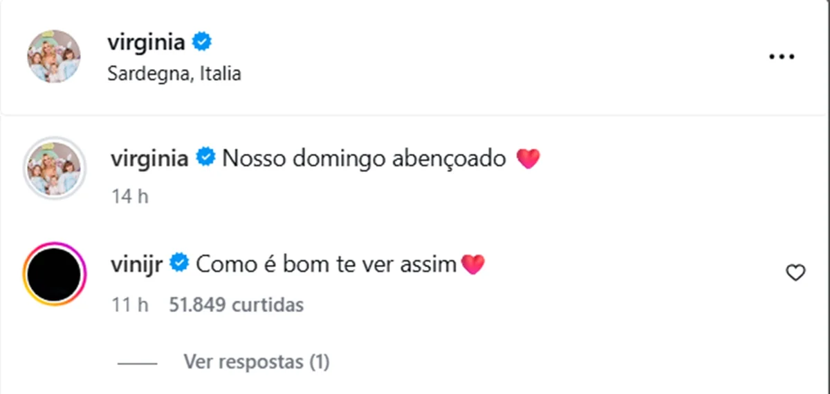 Vini Jr. deixa comentário apaixonado em foto de Virginia: “Como é bom” - imagem 1 Vini Jr. deixa comentário apaixonado em foto de Virginia: “Como é bom” - imagem 1