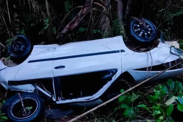 Imagem colorida, carro branco capotado em mata - Metrópoles