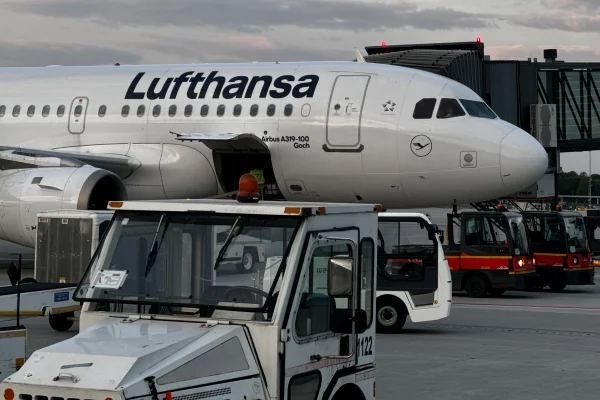 Avião da companhia aérea Lufthansa no aeroporto de Balice, na Polônia
