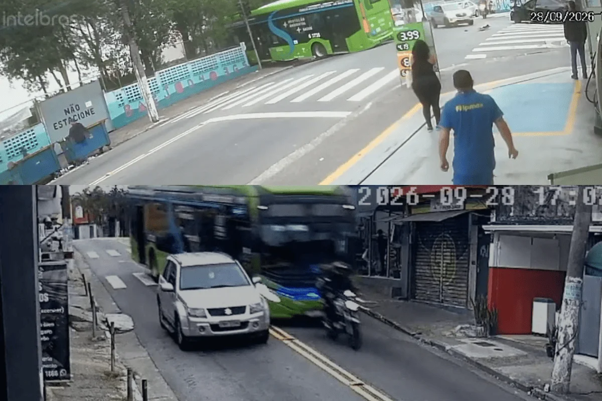 Ônibus desgovernado arrasta carros e bate em muro de escola estadual