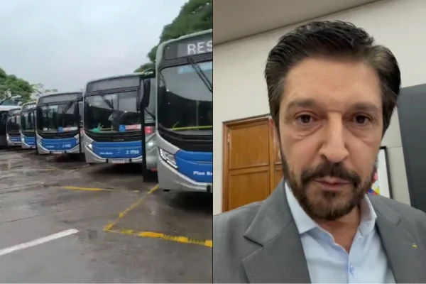 Imagem colorida mostra ônibus estacionados após greve e prefeito Ricardo Nunes. Metrópoles