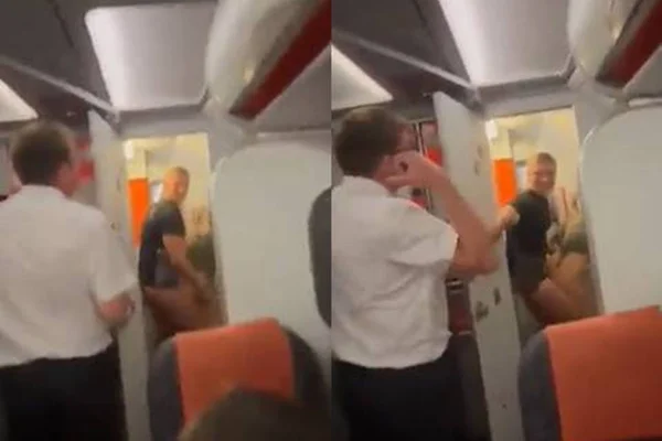 Montagem colorida com dois frames de um vídeo que mostra um casal sendo flagrado fazendo sexo no avião - Metrópoles