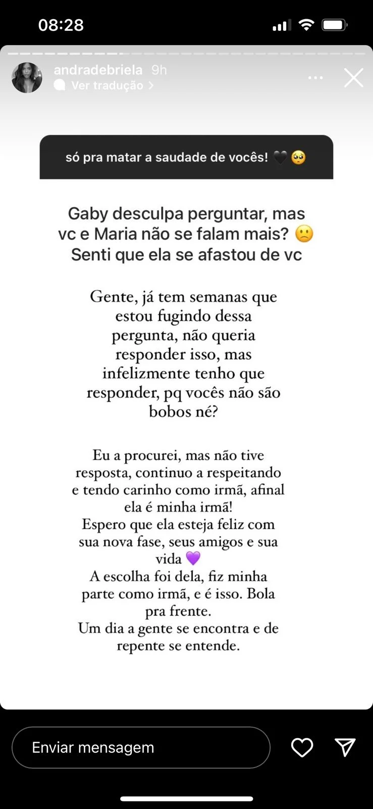 Gabriela Andrade, irmã de Maria, respondeu ao fã com um desabafo Gabriela Andrade, irmã de Maria, respondeu ao fã com um desabafo