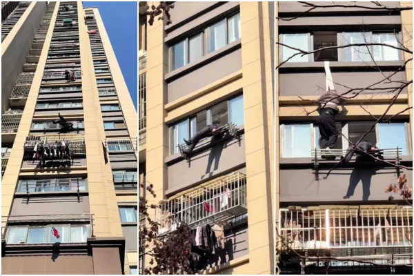 prédio na China com homem pendurado em varal de roupas - Metrópoles