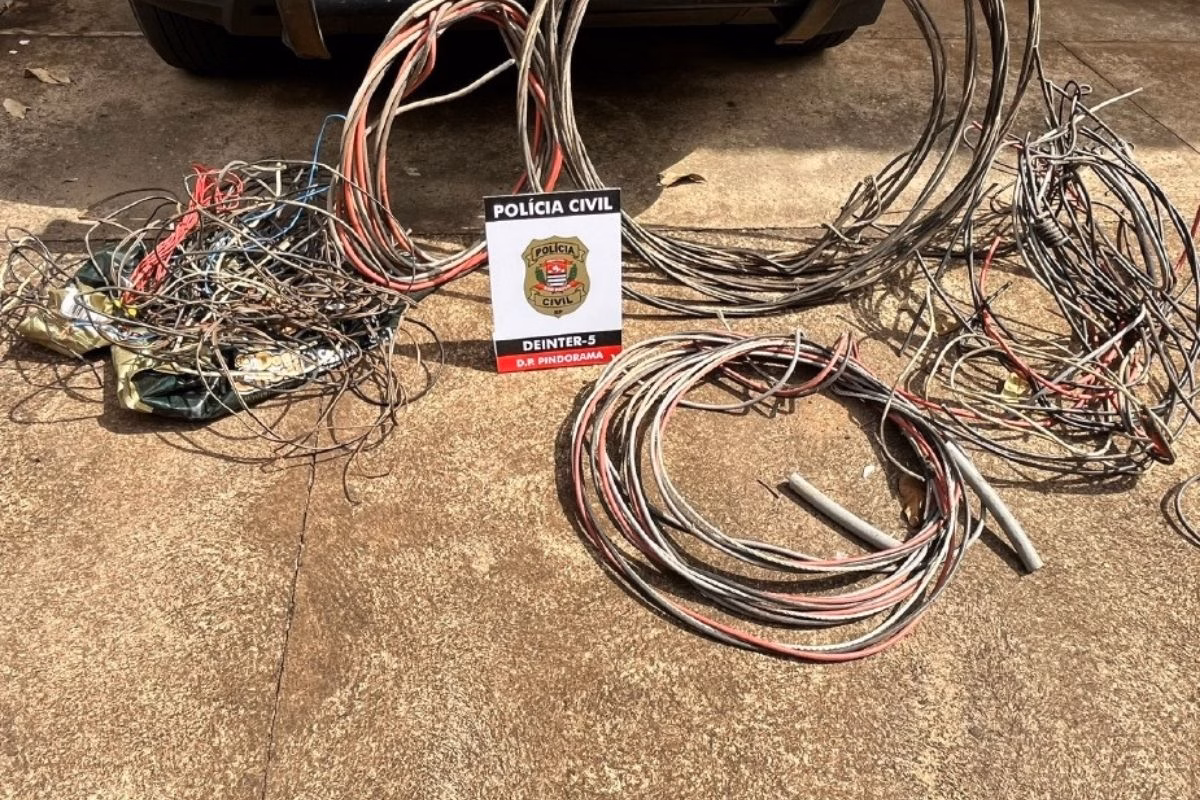 Imagem colorida mostra fios de cobre apreendidos pela Polícia Civil. Metrópoles