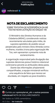 Nota publicada no perfil do MDHC que foi excluída Nota publicada no perfil do MDHC que foi excluída