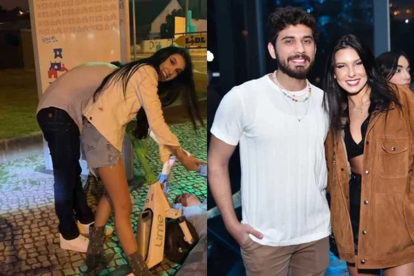 Ana Castela e Gustavo Mioto andam de patinete pelas ruas de Lisboa