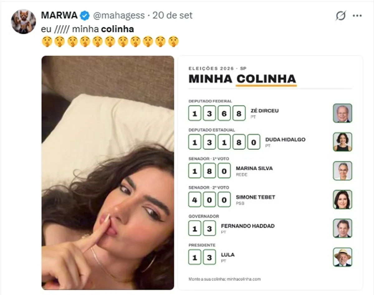 106 mil seguidores: A influenciadora Marwa, que também comenta sobre futebol no X, tem uma ligação mais forte politicamente com o Partido dos Trabalhadores (PT) 106 mil seguidores: A influenciadora Marwa, que também comenta sobre futebol no X, tem uma ligação mais forte politicamente com o Partido dos Trabalhadores (PT)