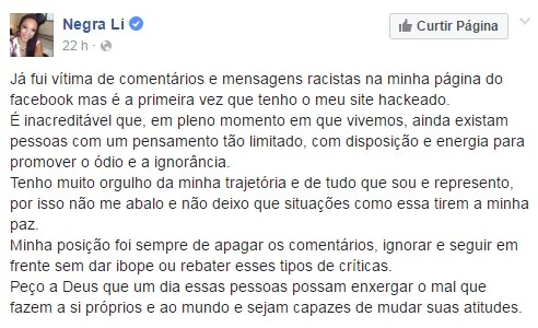 Site de Negra Li é hackeado com mensagens racistas