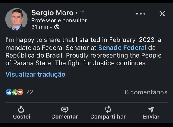 Moro anuncia (em inglês) no LinkedIn que virou senador