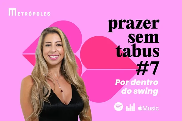 Capa do podcast Prazer sem tabus com a colunista Luíza Barufi ao fundo