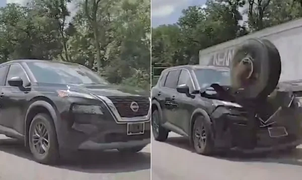 imagem colorida pneu se desprende e atinge suv eua
