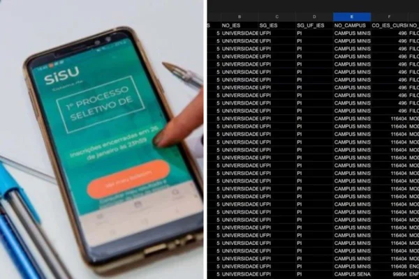 Montagem com fotos coloridas de pessoa acessando o site do Sisu e planilha de divulgação de resultados - Metrópoles