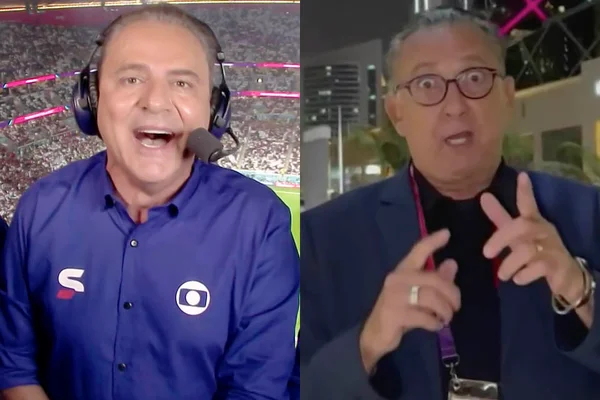 À esquerda, Luis Roberto, sorridente, anuncia vídeo de Galvão Bueno; à direita, Galvão Bueno gesticula - Metrópoles