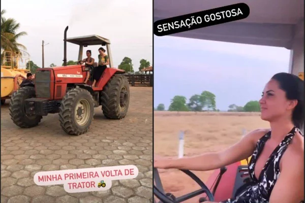Graciele Lacerda dirige trator na fazenda de Zezé e comemora: “Mandei bem”