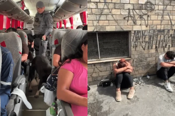 Imagem colorida de policiais abordando um ônibus interestadual e prendendo trio com cocaína em posse - Metrópoles