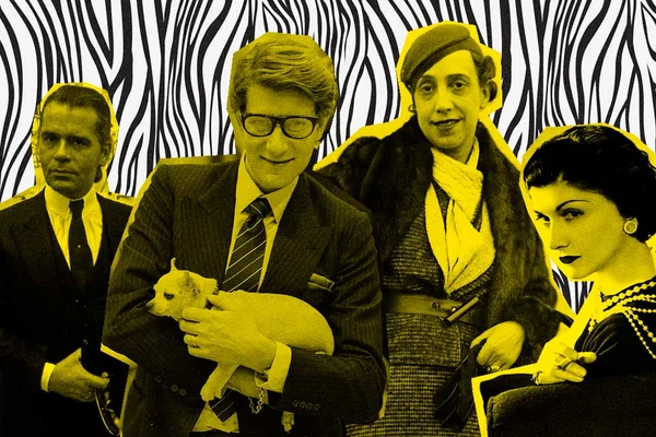 Colagem com Karl Lagerfeld, Yves Saint Laurent, Elsa Schiaparelli e Coco Chanel