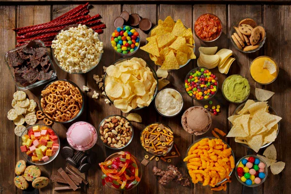 Comidas que fazem mal para saúde , como sorvete, salgadinhos e guloseimas